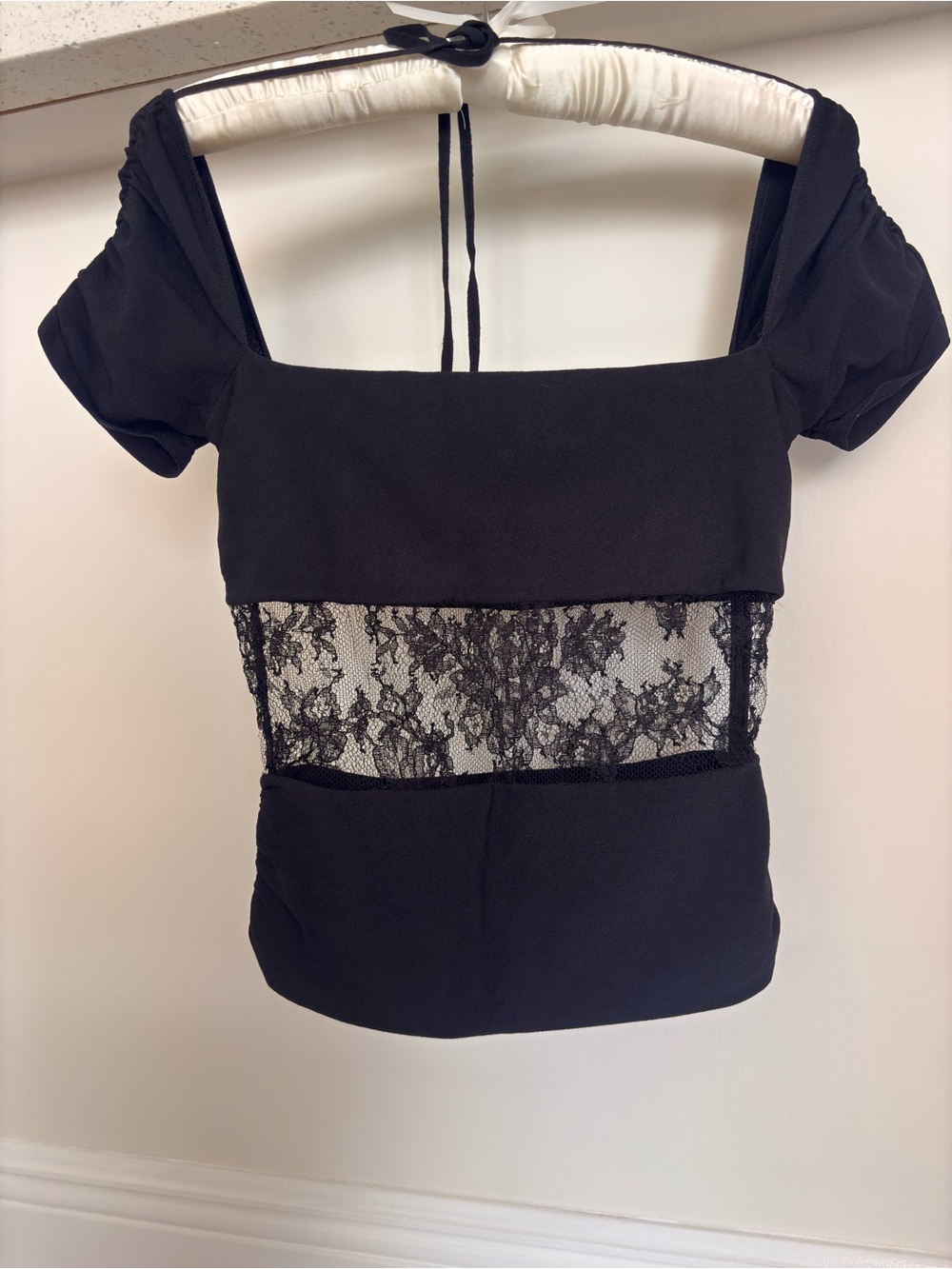 Valentino Black Lace-Panel Square Neck Crop Top